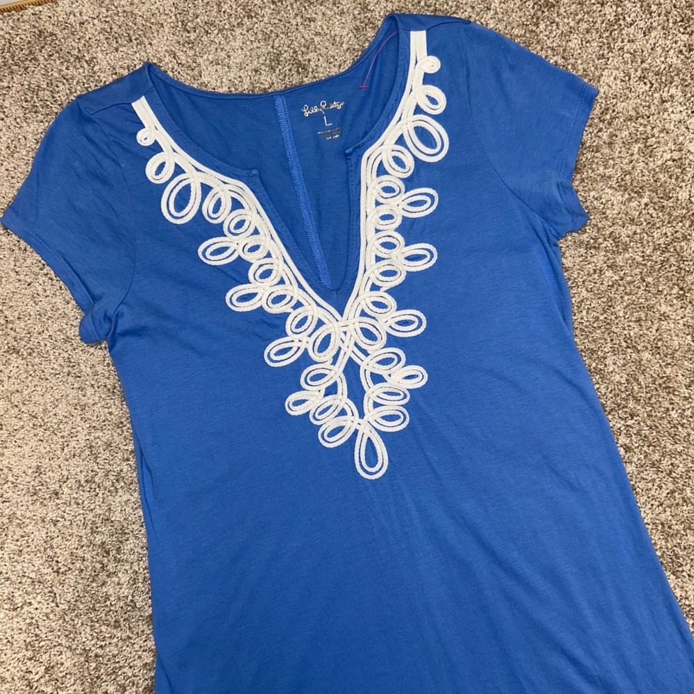 Lilly Pulitzer Brewster Blue Pima Cotton Soutache Embroidered Shift Dress Large - Picture 5 of 8